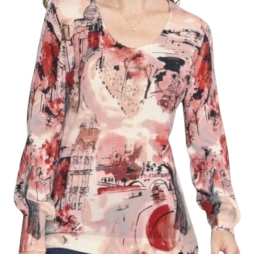 TALBOTS Women L Sweater Paris Scenes Pure Merino Wool Burgundy Pink Artsy 38"